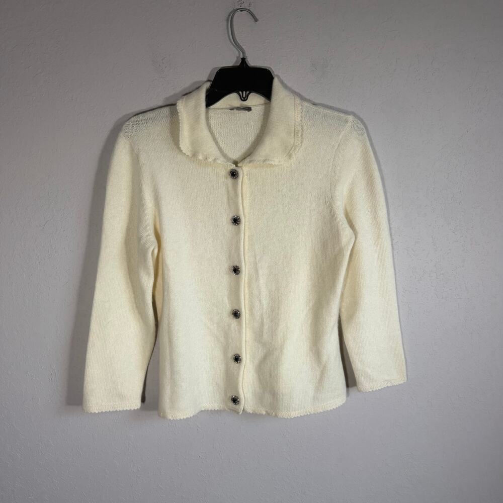 Ann Taylor Ivory Angora Hair Lambswool Embellished Snap Button Cardigan Womens M